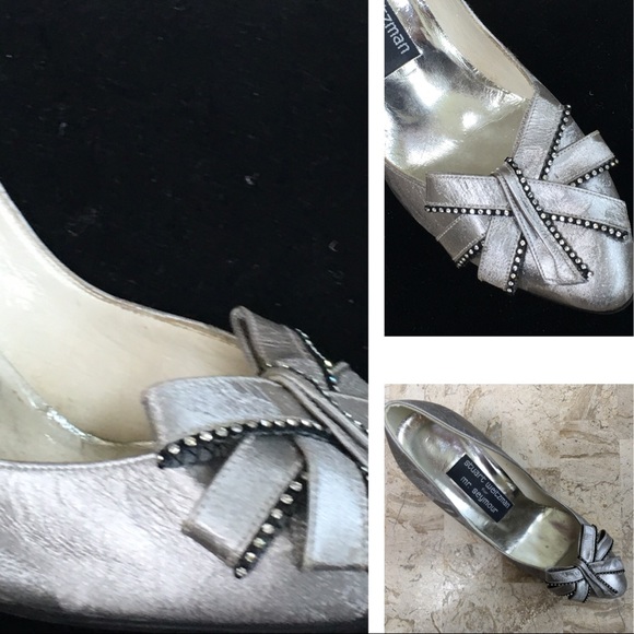 Vintage Elegant Silver Slip On Pump Pointed Toe Bow Size 6 - Picture 7 of 10